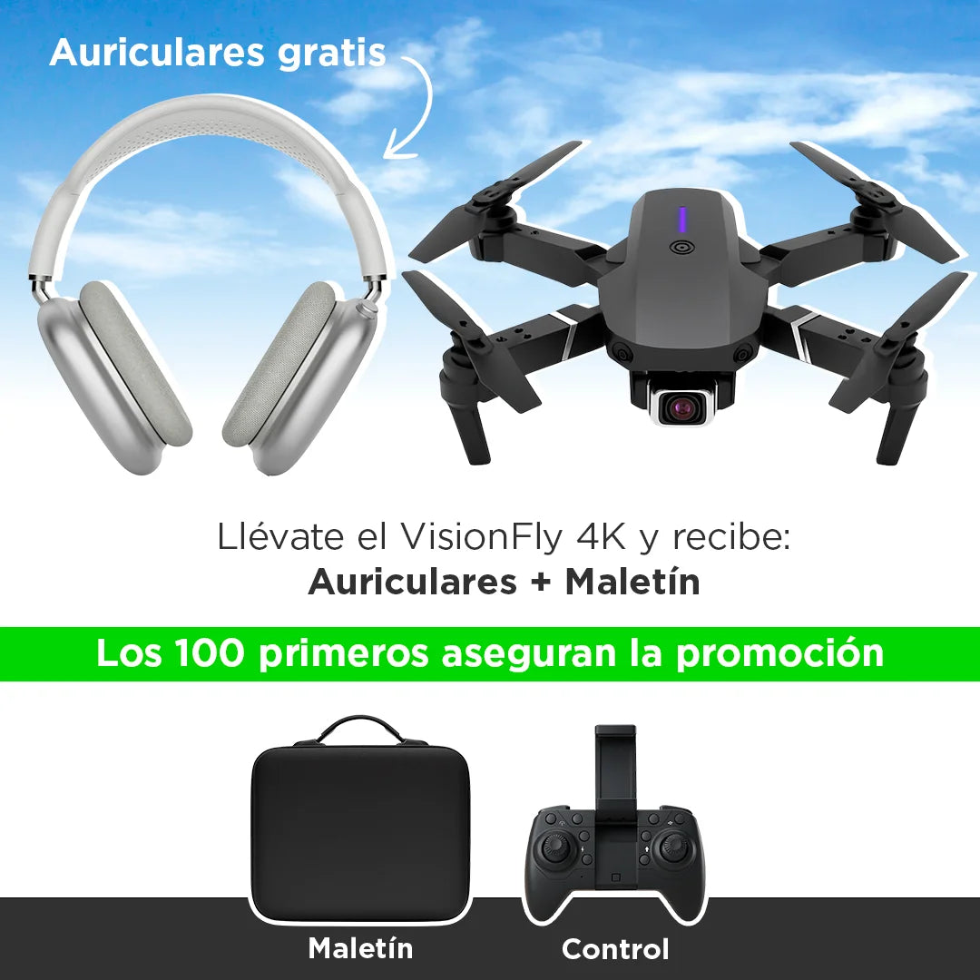 Drone VisionFly 4K con Cámara Dual + Zoom 50x + Maletín | Lleva Audífonos con Cancelación de Ruido