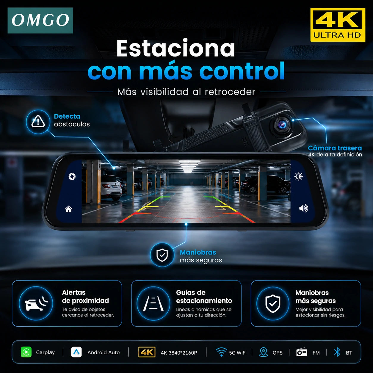 DriveVision 360 | Espejo Retrovisor con Cámara Delantera y Trasera para Auto