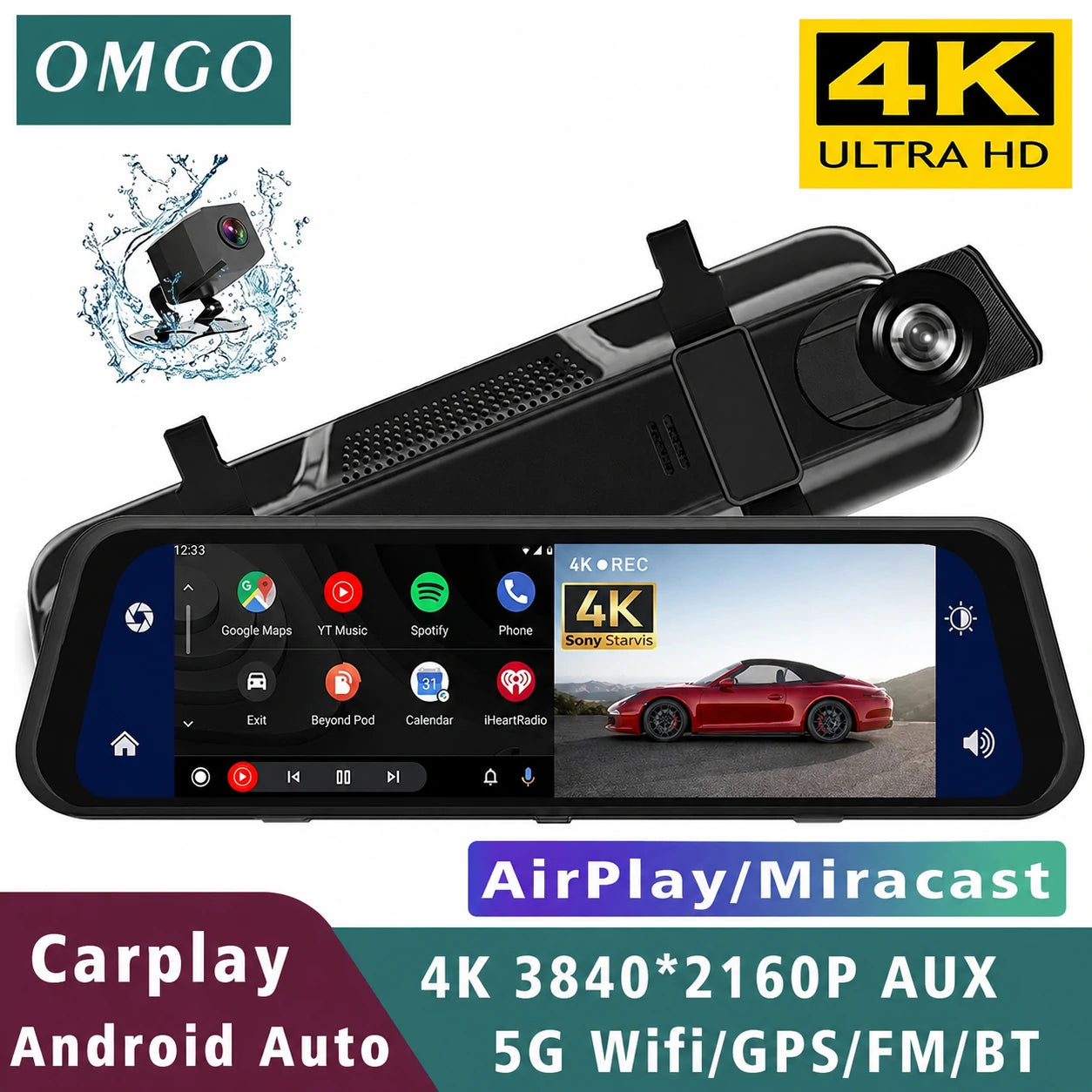 DriveVision 360 | Espejo Retrovisor con Cámara Delantera y Trasera para Auto