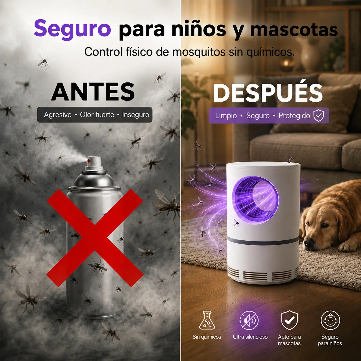 Trampa UV Silenciosa para Mosquitos, Segura para Niños y Mascotas, Mosquito Guard