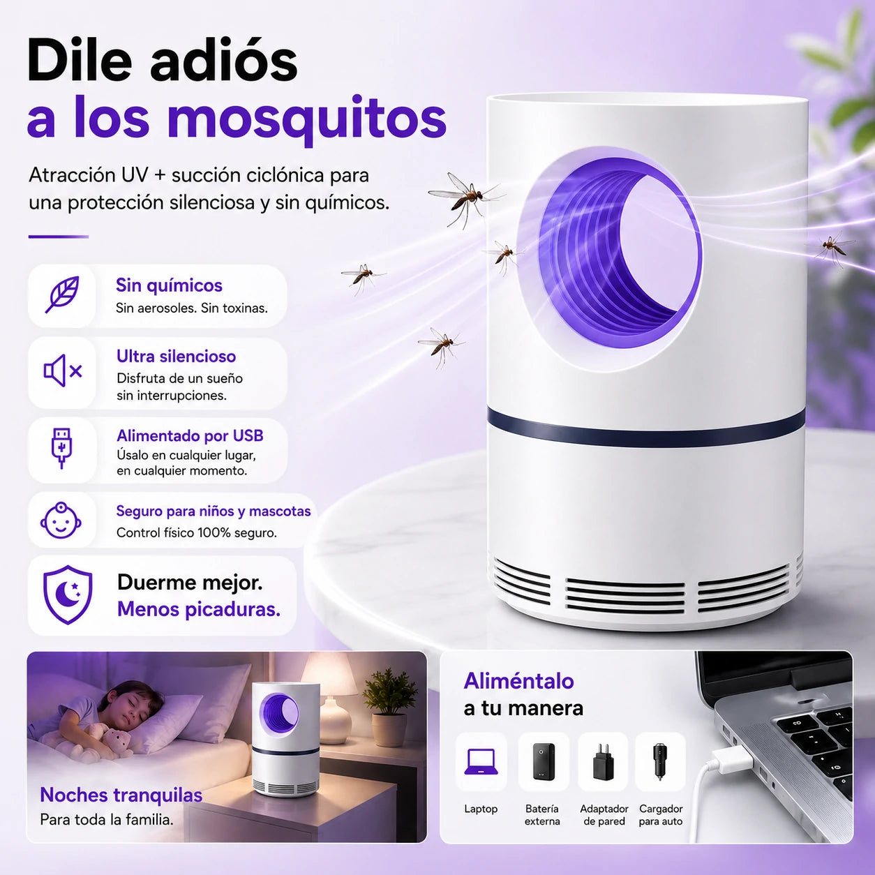 Trampa UV Silenciosa para Mosquitos, Segura para Niños y Mascotas, Mosquito Guard