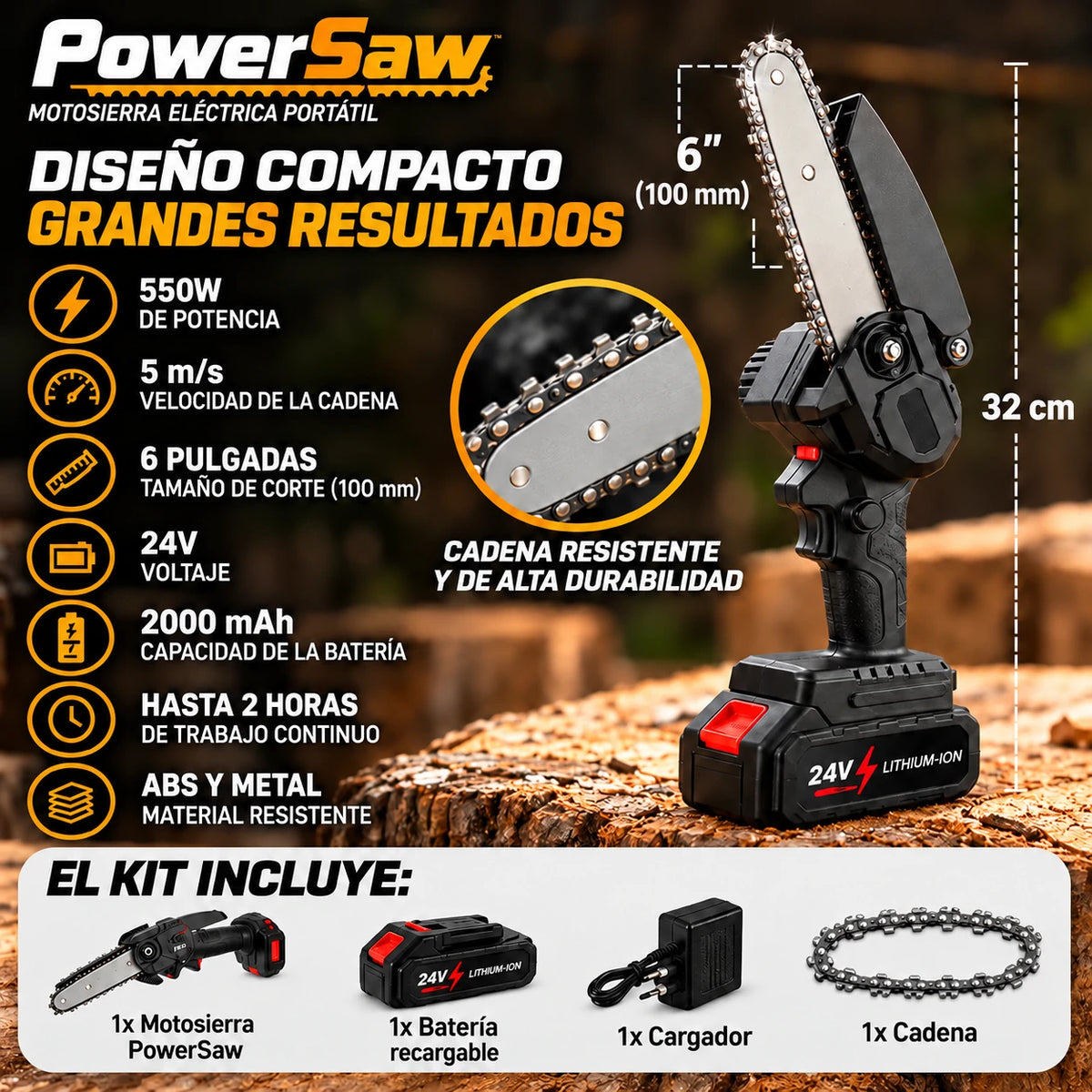 PowerSaw – Motosierra Eléctrica Portátil para Cortes Rápidos y Precisos