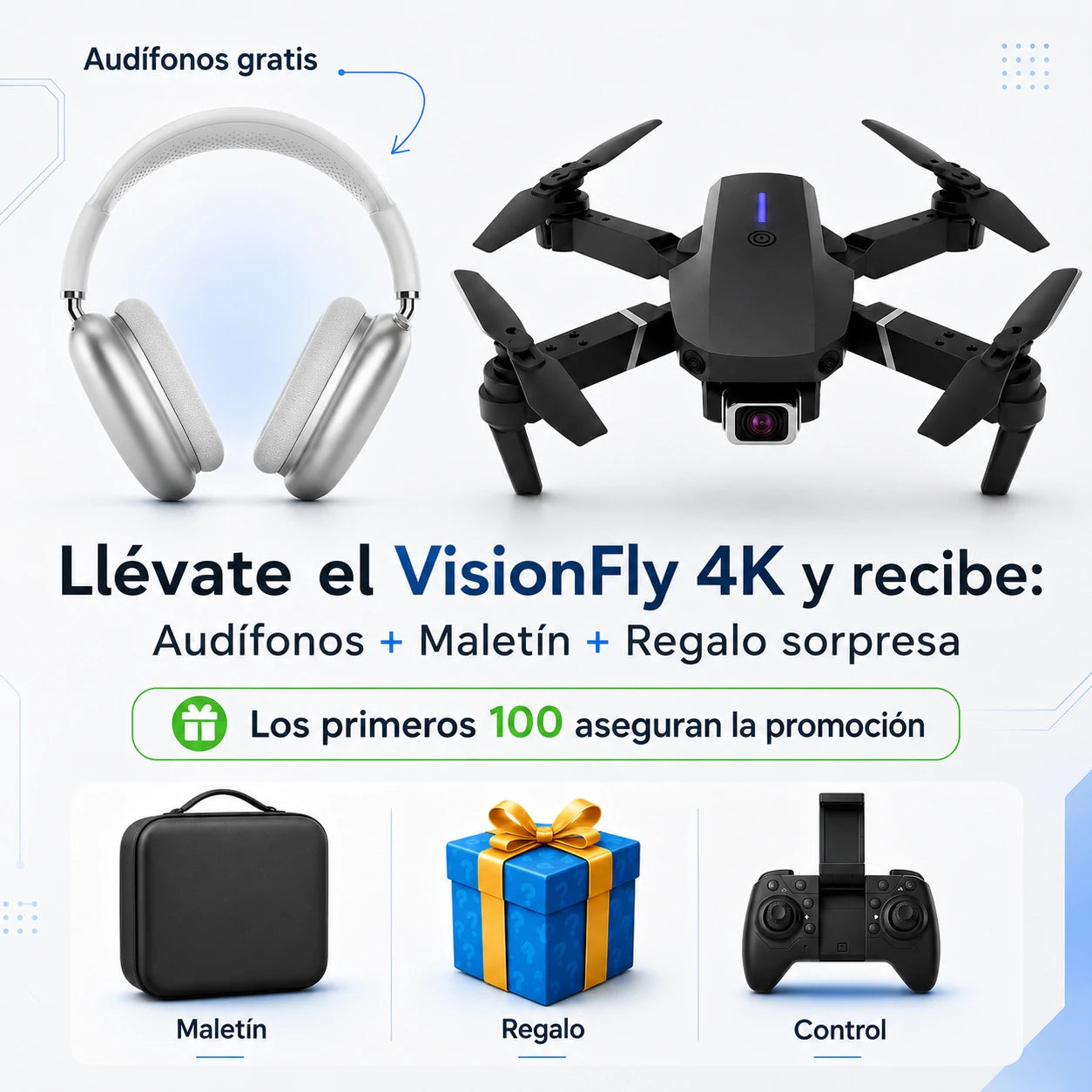 Drone VisionFly 4K con Cámara Dual + Zoom 50x + Maletín | Lleva Audífonos con Cancelación de Ruido